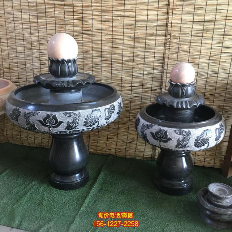 小型室內黑色大理石風水球水缽，辦公家用招財風水擺件