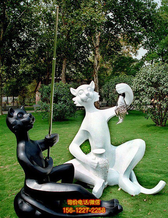 玻璃鋼抽象大貓咪，黑白兩色釣魚貓咪