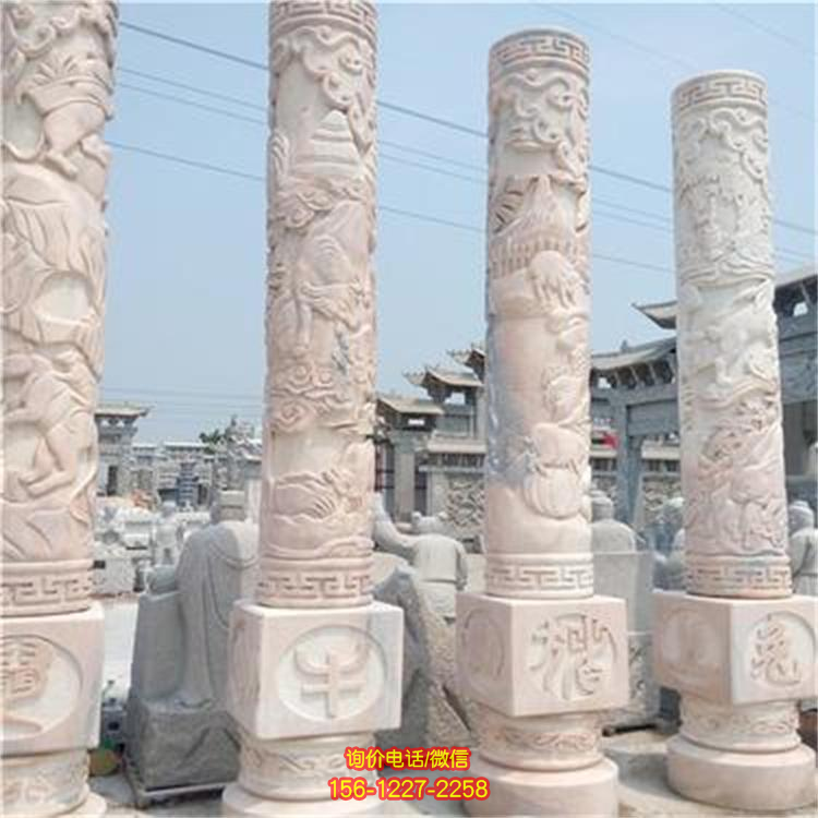 12生肖文化柱，晚霞紅石雕柱子