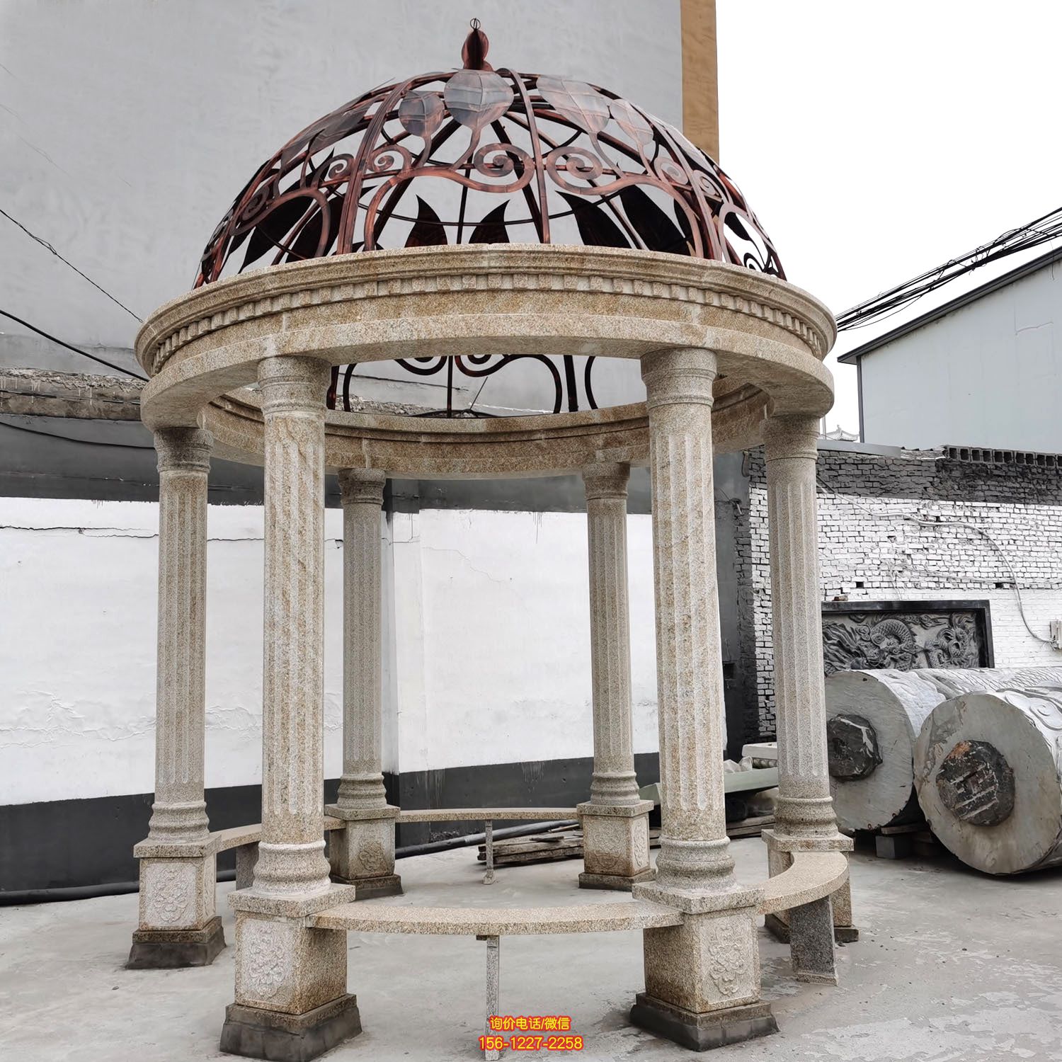 圓形歐式鐵藝園林大理石涼亭雕塑